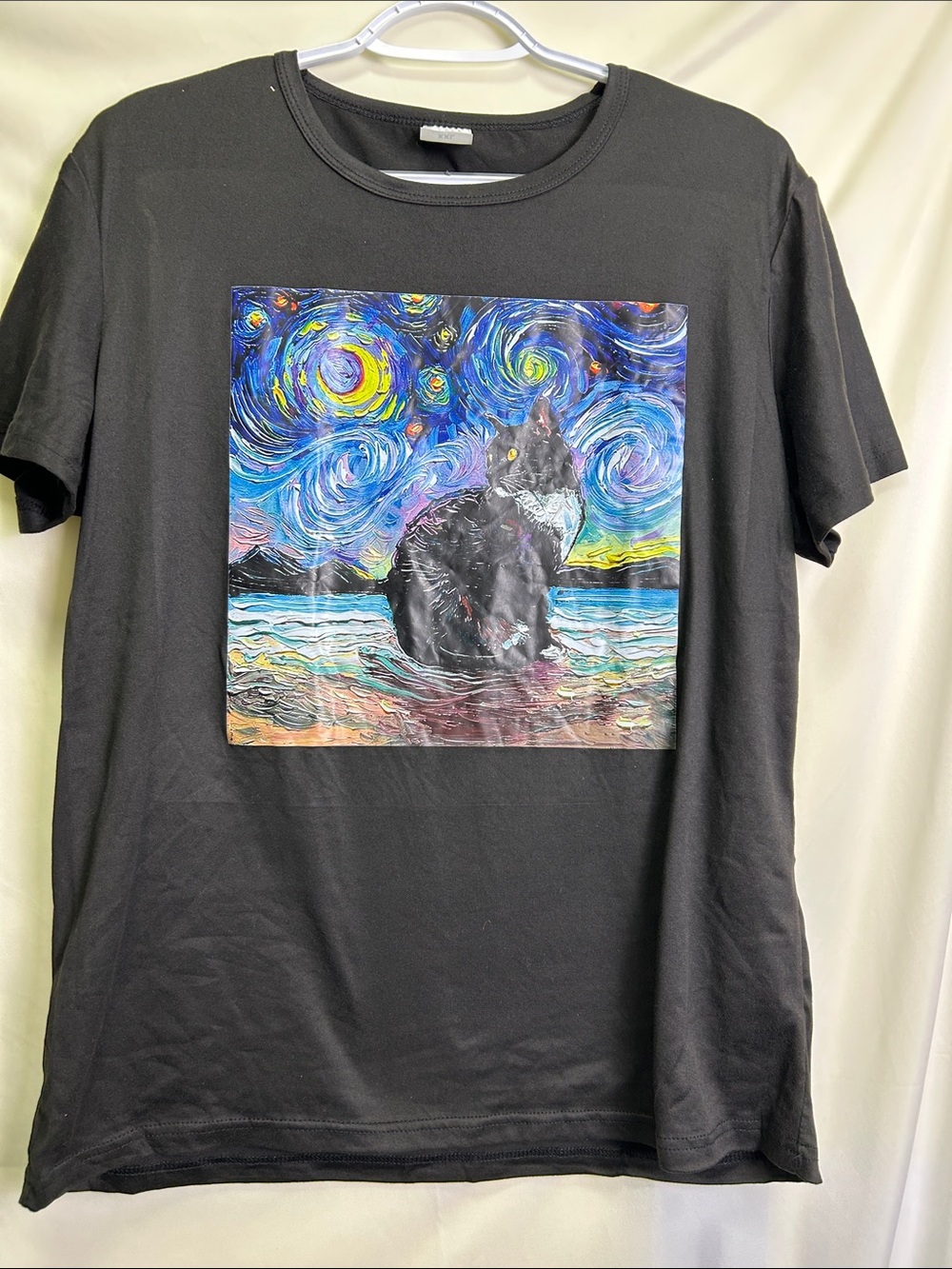 Starry Night Cat Graphic Short Sleeve Tee - Black